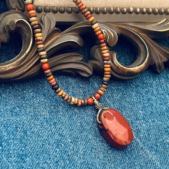 Red Jasper Pendant Necklace with Red Creek Jasper Rondelle Beads - Picture 1 of 9